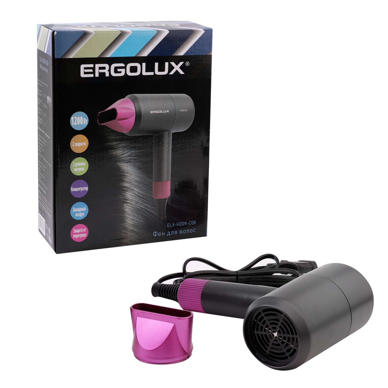 Фен Ergolux 1200Вт 220-240В серый/розовый - фото 2