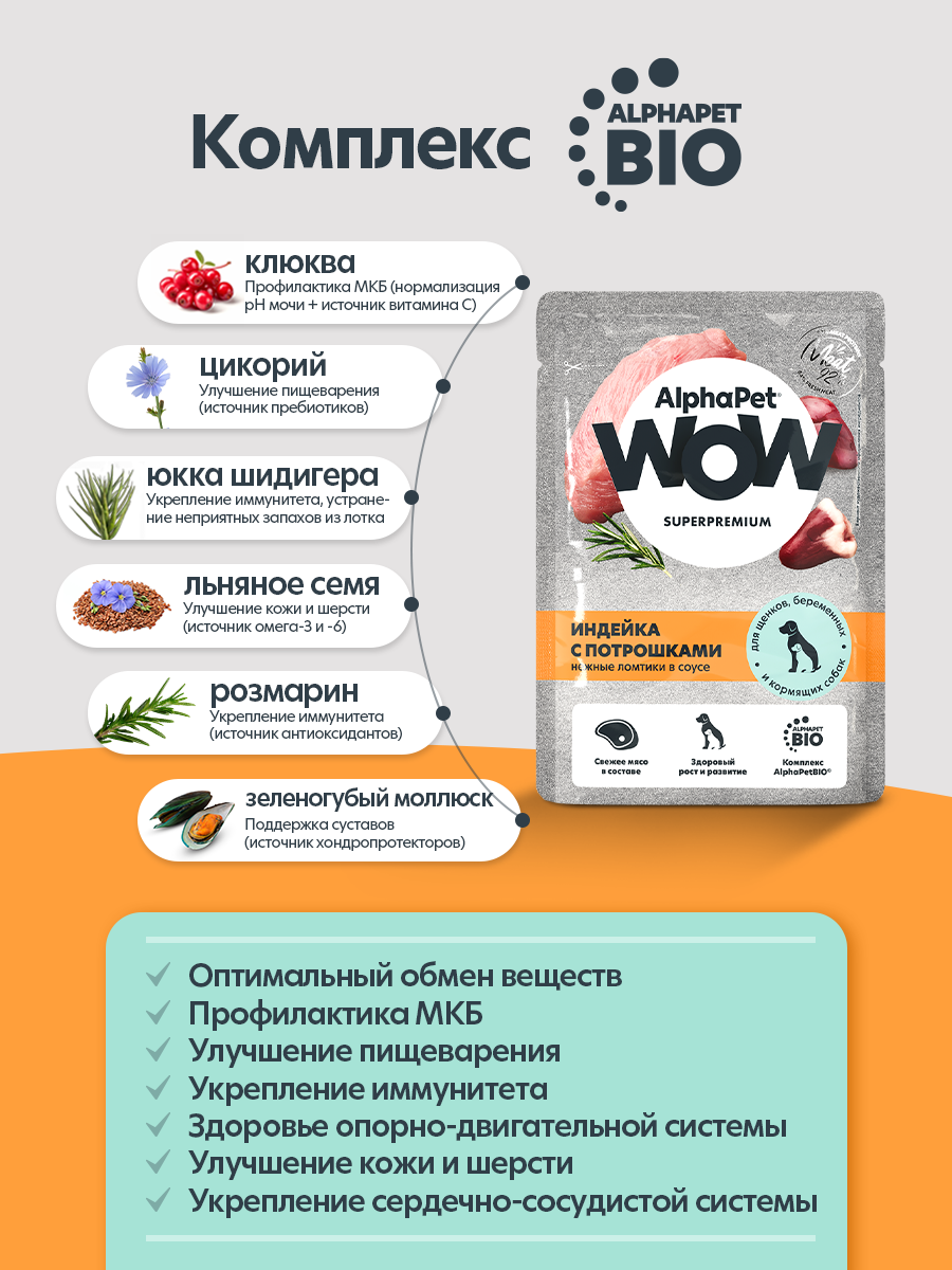 Пауч Влажный полнорационный корм AlphaPet для щенков, беременных и кормящих собак индейка с потрошками в соусе 85 г - фото 6