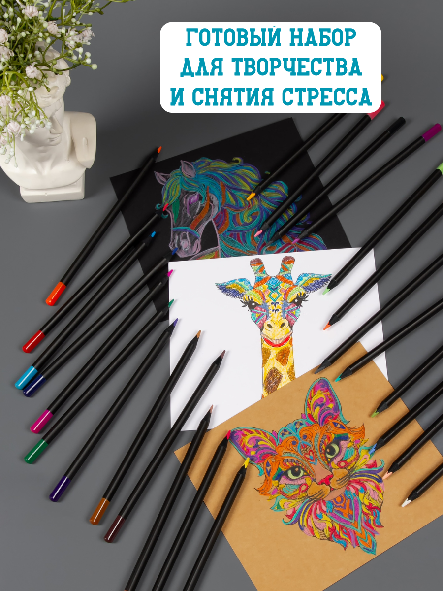 Раскраска для взрослых антистресс AXLER набор для раскрашивания и арт терапии мандалы 20 шт и карандаши 24 цв - фото 3