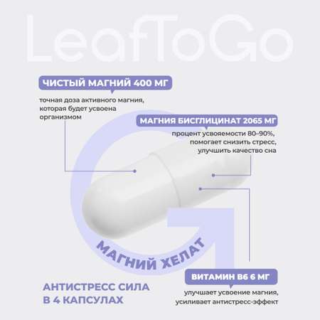 Магний Хелат LeafToGo 400 мг с Витамином В6, 120 капсул