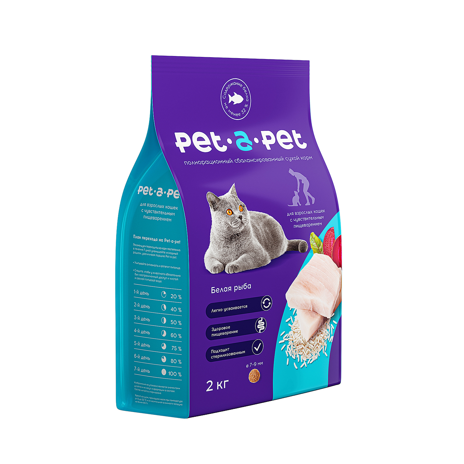 Корм для кошек Pet-a-Pet 2кг с чувствительным пищеварением c белой рыбой - фото 1