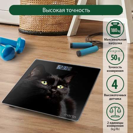 Весы напольные MARTA MT-1608 сенсор/встроенный термометр/черный кот