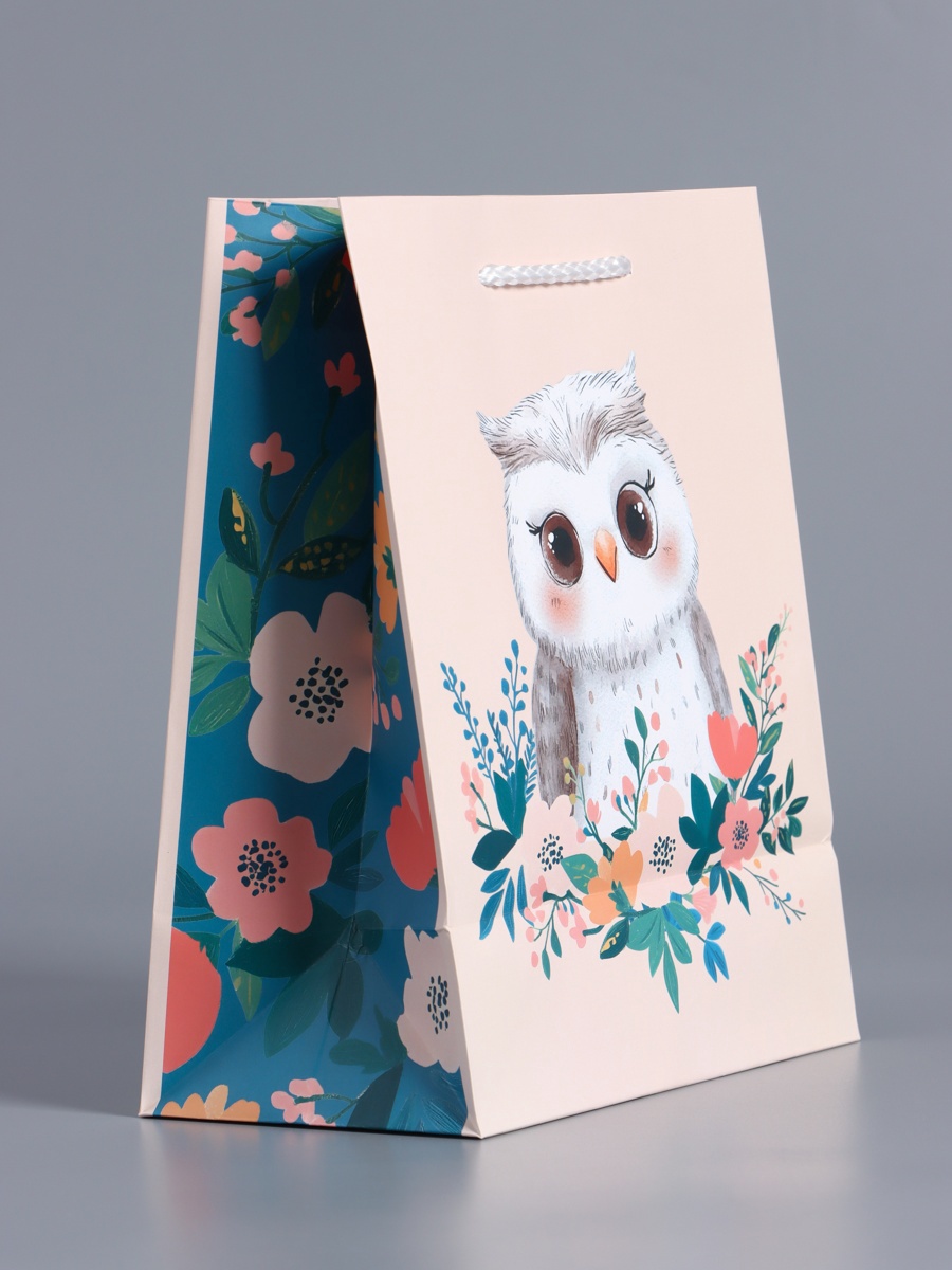 Пакет подарочный Арт и Дизайн Мудрая совушка бежевый - бирюзовый 18×22.3×10 см - фото 4