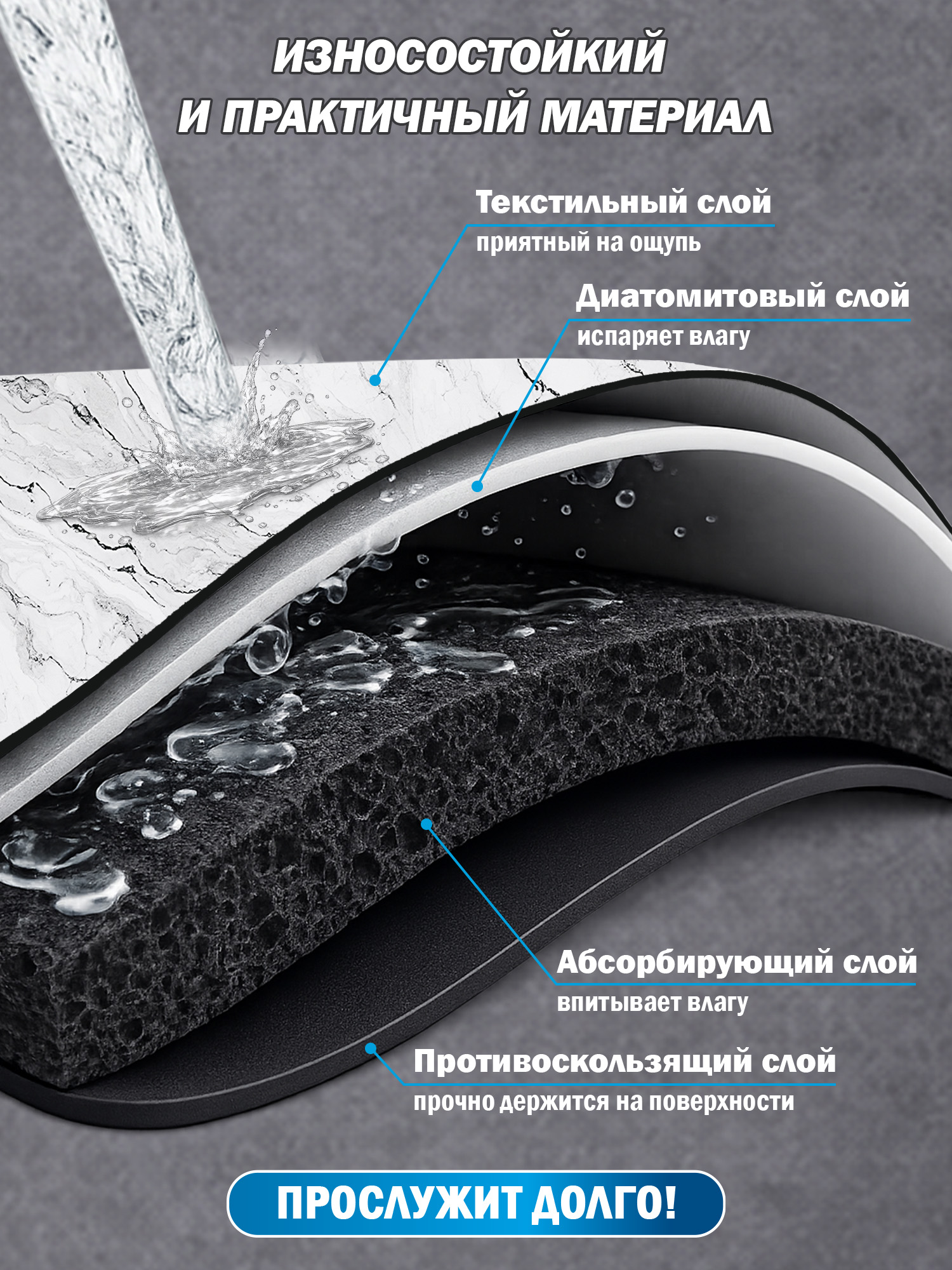 Коврик для сушки посуды BoomHouse нано впитывающий кухонный 30х40 см диатомитовый нескользящий - фото 3