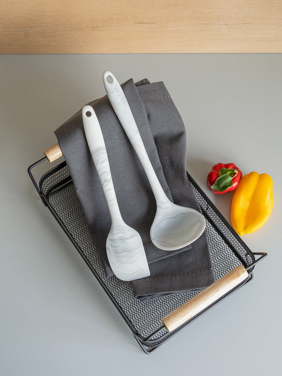 Набор кулинарных принадлежностей DeNASTIA большой 2 шт. (лопатка и половник) силикон серый/белый A000359 - фото 2