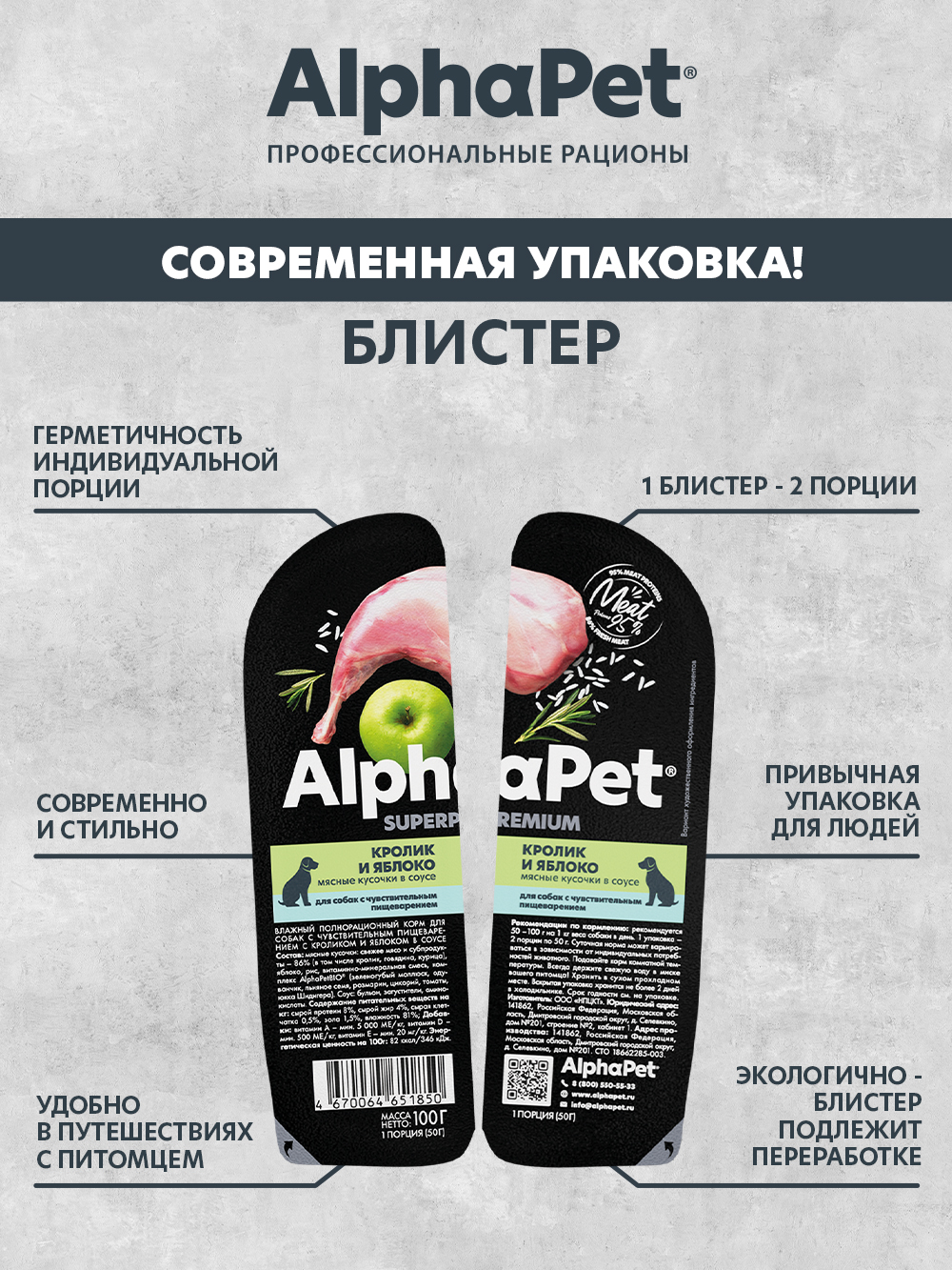 Корм для собак AlphaPet с чувствительным пищеварением Superpremium ламистер влажный кролик и яблоко 100г - фото 3