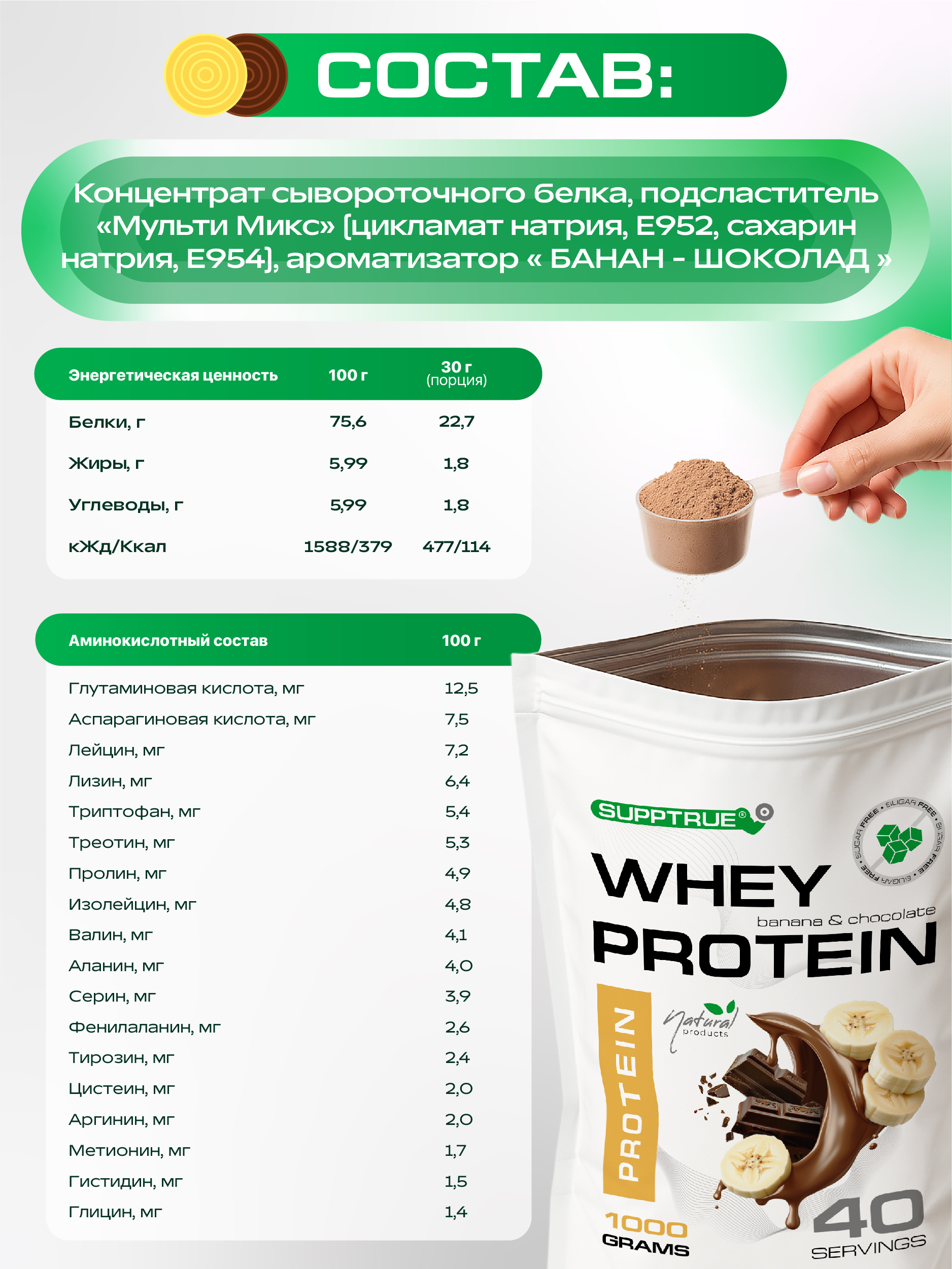 Протеин 1 кг SUPPTRUE WHEY PROTEIN со вкусом банана и шоколада 40 порций - фото 9