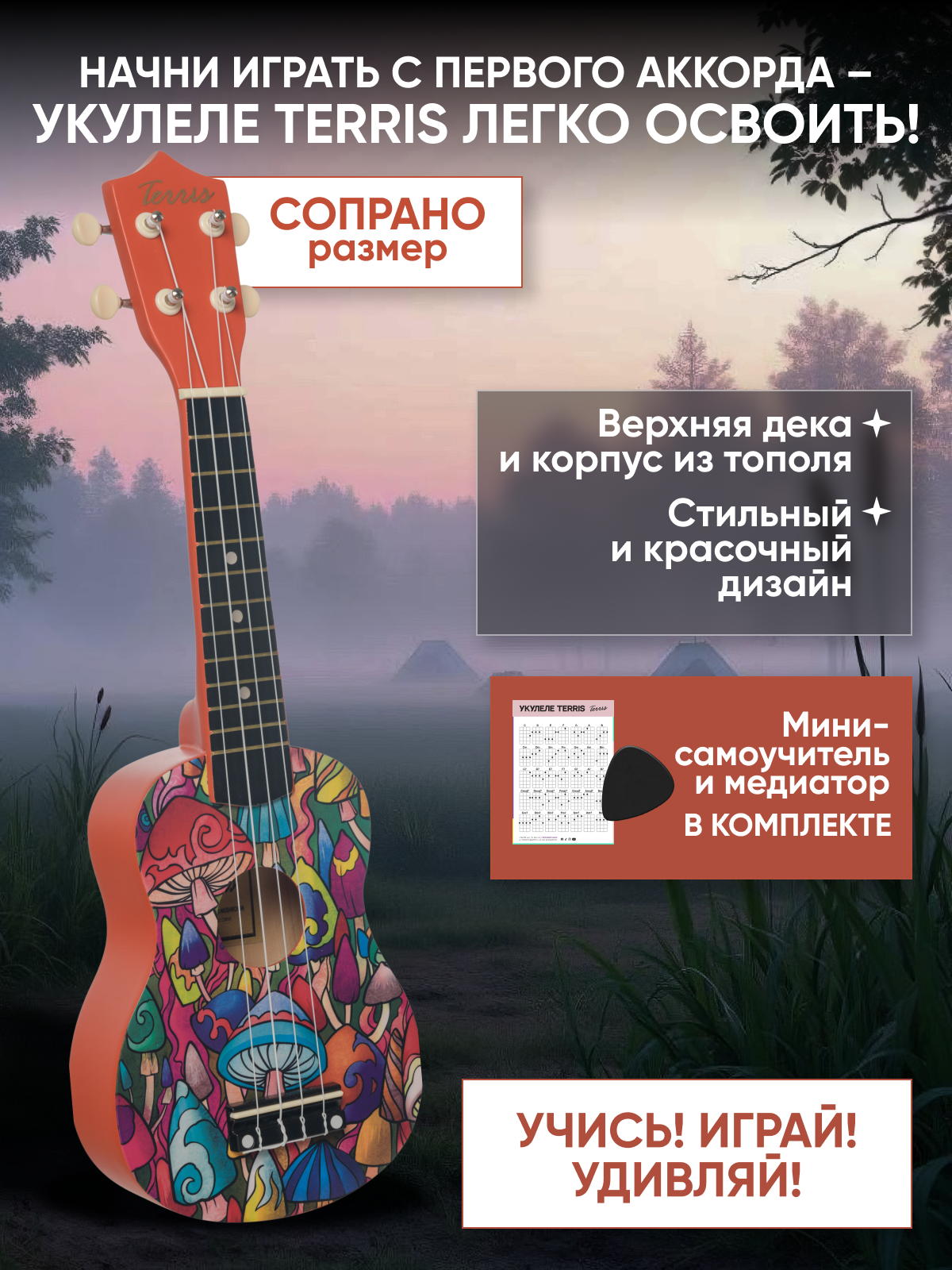 Игрушка музыкальная Terris JUS-20 MUSHROOM укулеле - фото 1