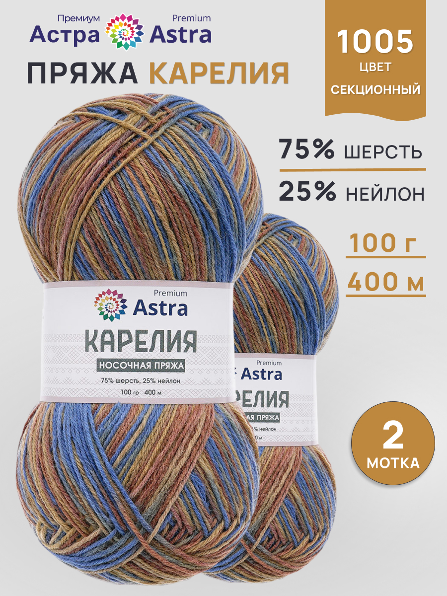 Пряжа для вязания Astra Premium карелия носочная шерсть нейлон 100 гр 400 м цвет 1005 2 мотка - фото 1