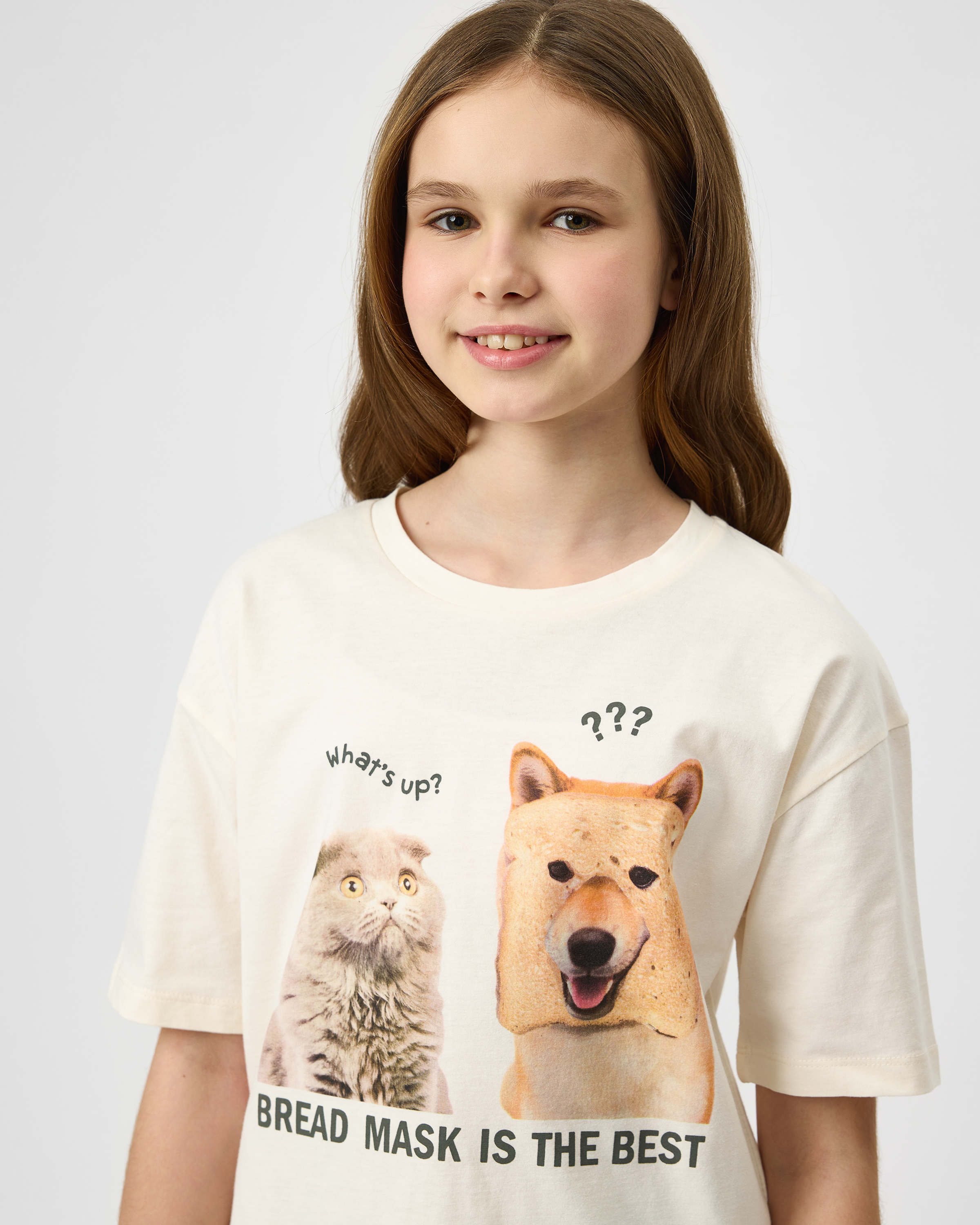 Изображение товара Футболка для девочки Futurino 140 из 100% хлопка с принтом Bread mask is the best
