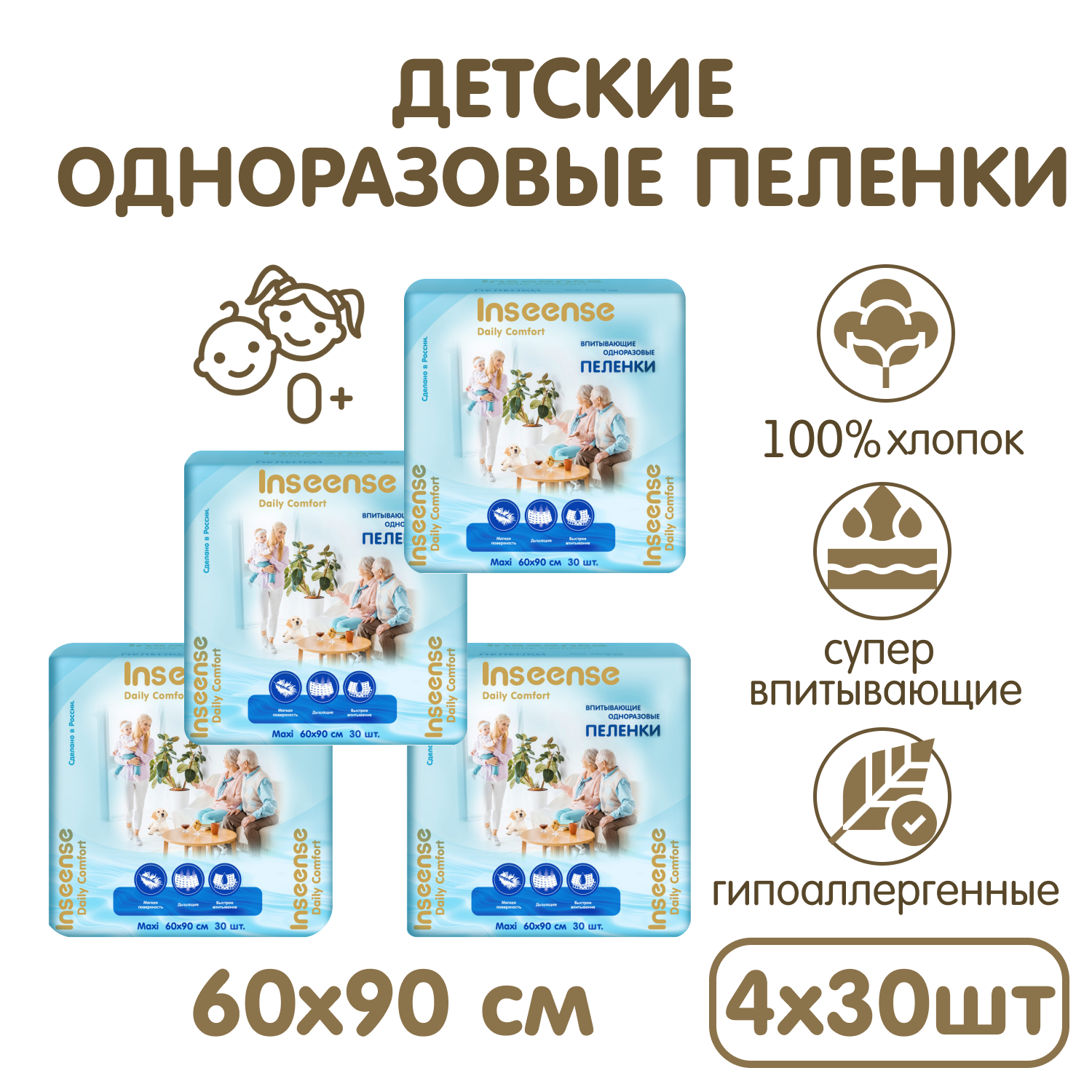Пелёнки одноразовые INSEENSE 60х90 см 4 упак. 30 шт. - фото 5