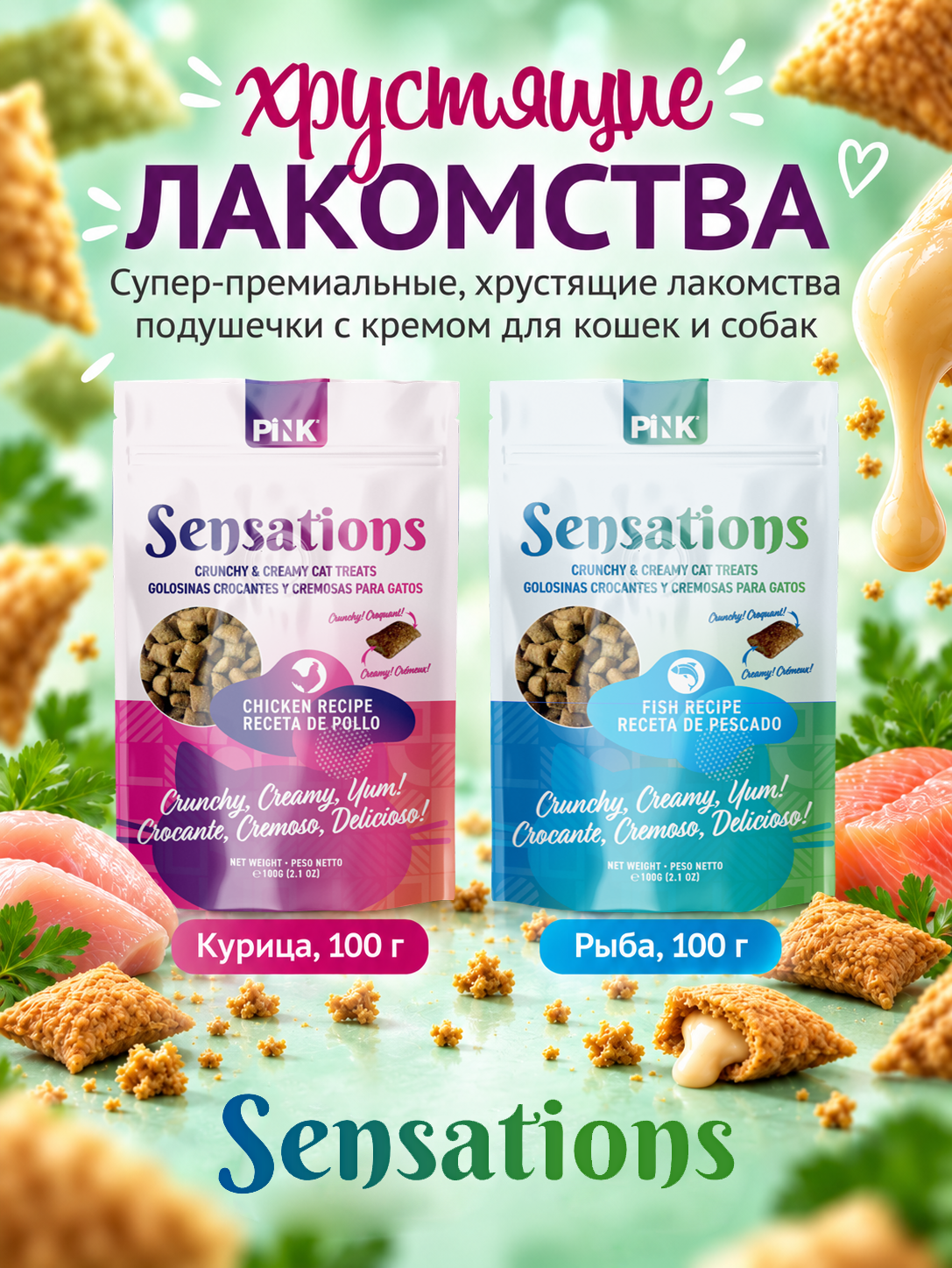 Лакомство сухое для кошек PINK Sensation Хрустящие подушечки с лососем 100г 2 шт. - фото 6