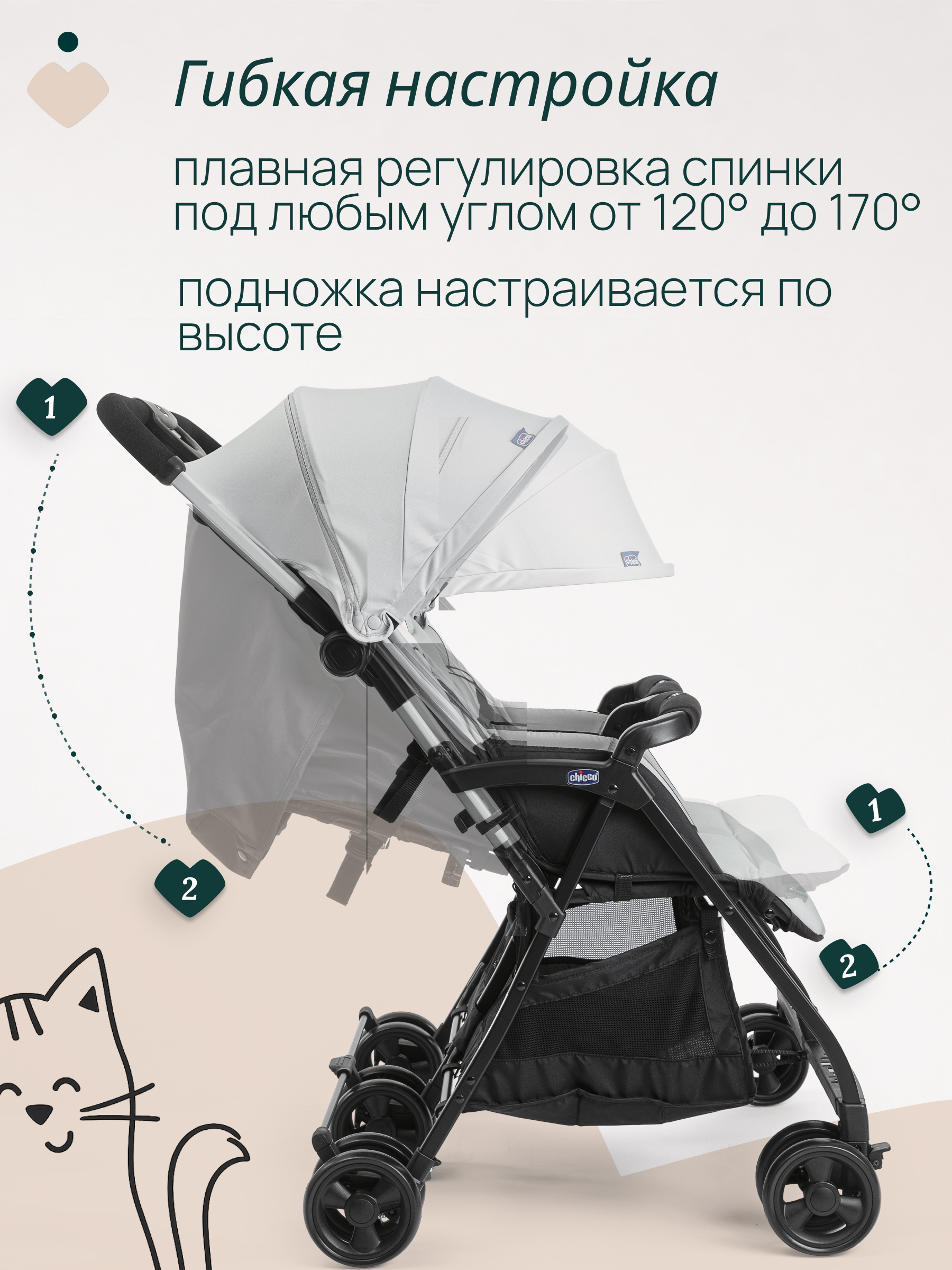 Коляска прогулочная для двойни Chicco Ohlala Twin Silver Cat серый - фото 8
