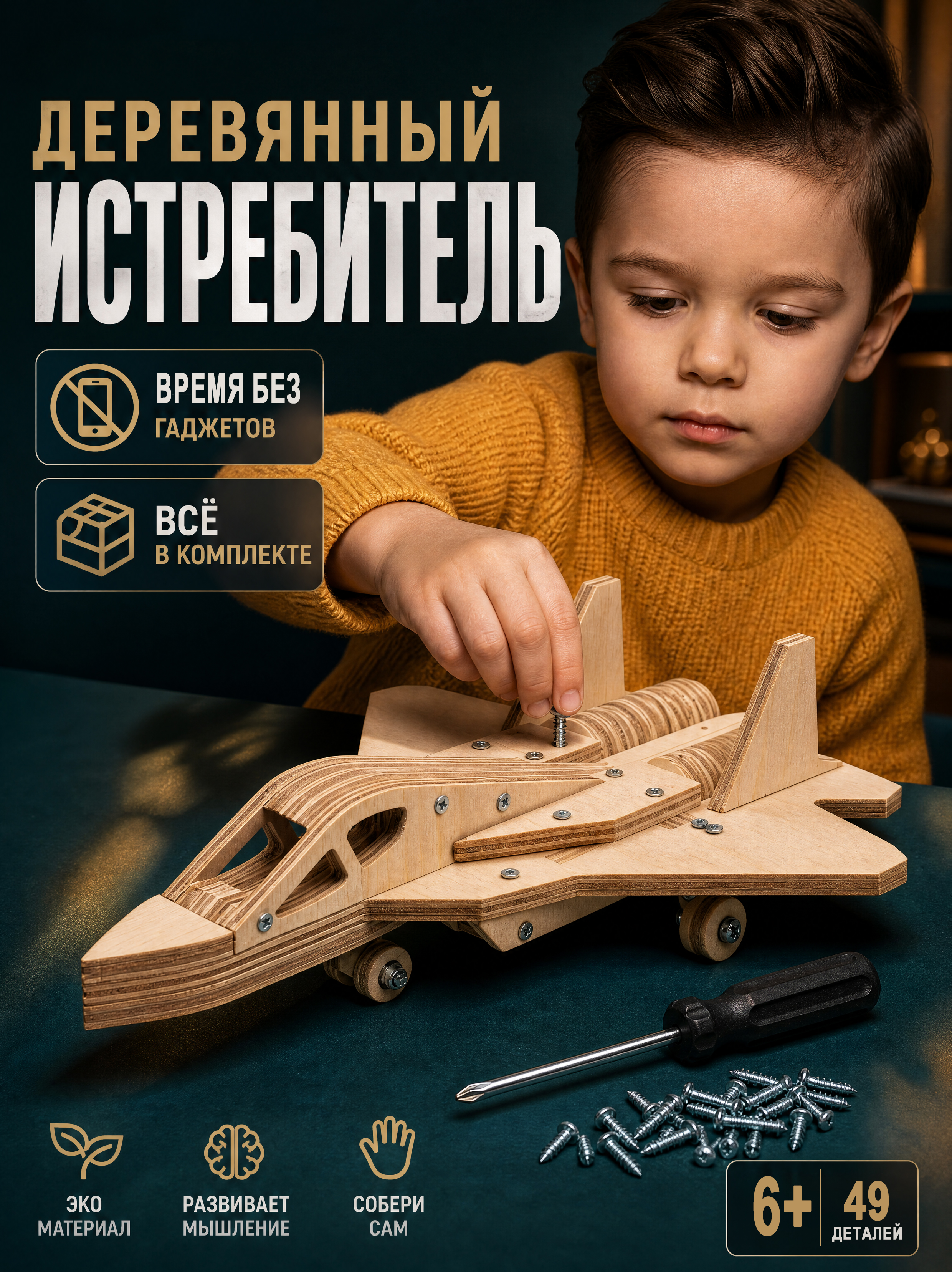 Конструктор КонструкториуМ Истребитель деревянный 49 дет. - фото 1