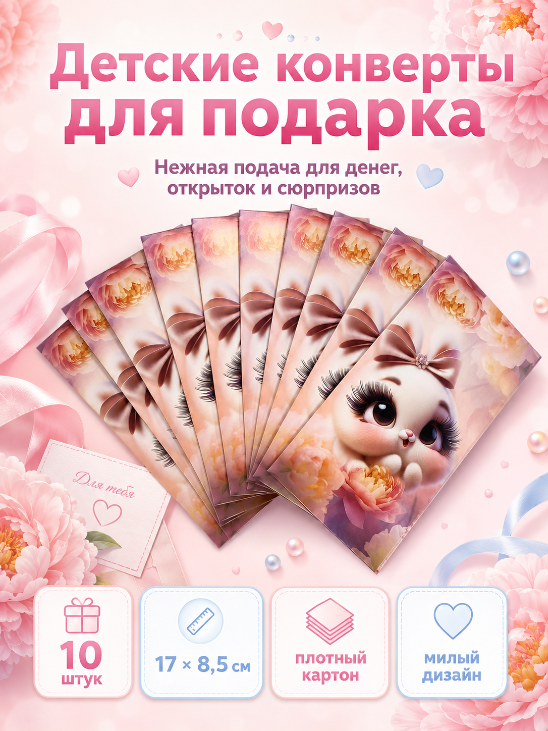 Конверты для денег детские Филькина Грамота с зайчиком, 10 шт. - фото 3