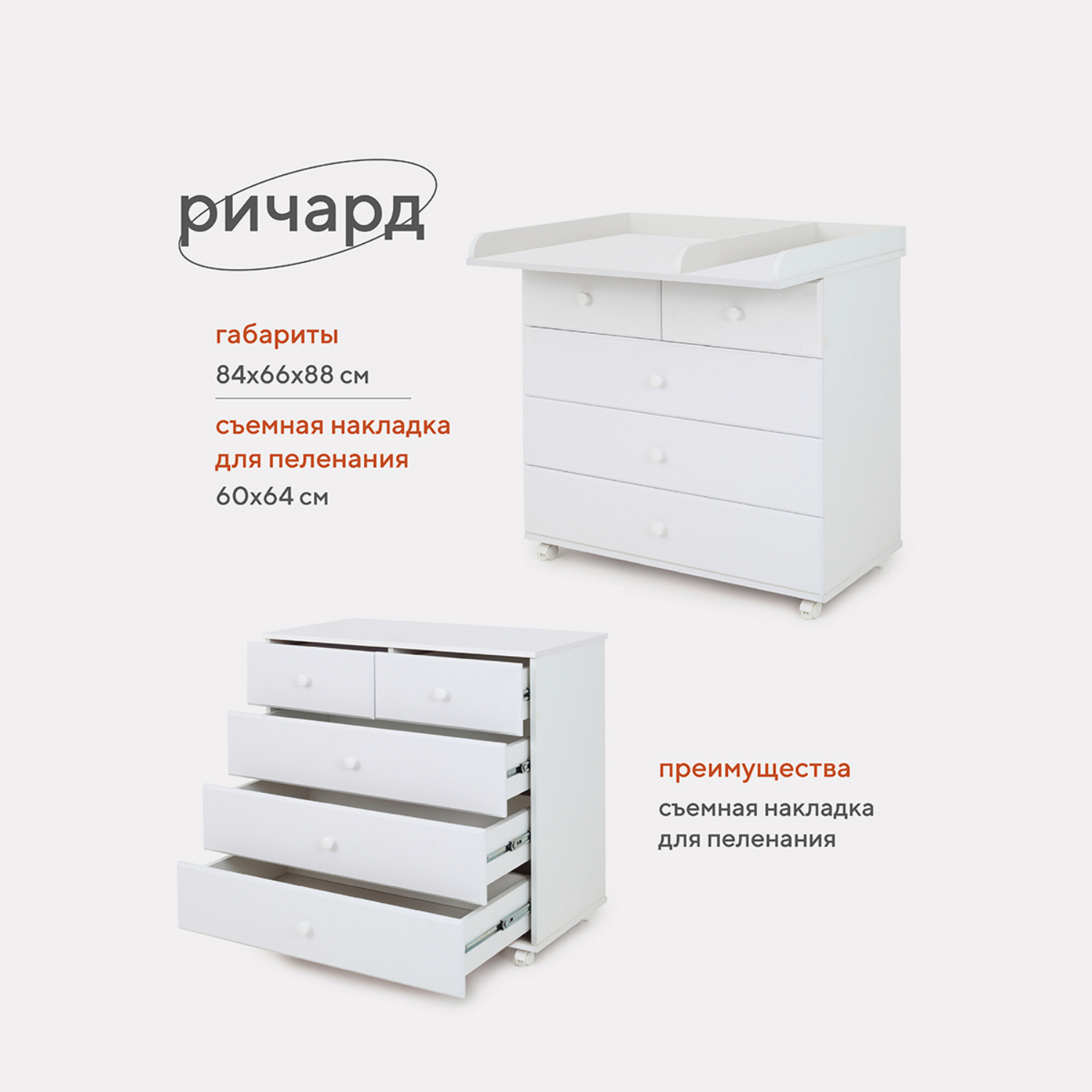Комод Топотушки Ричард 5ящиков 76 МДФ 800/5 Белый - фото 6