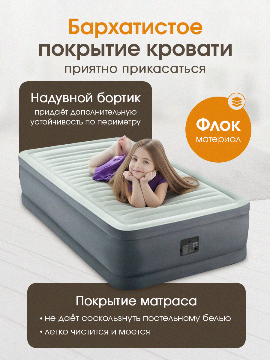 Матрас надувной флоковый Intex Кровать 191х99х46 см со встроенным насосом - фото 4