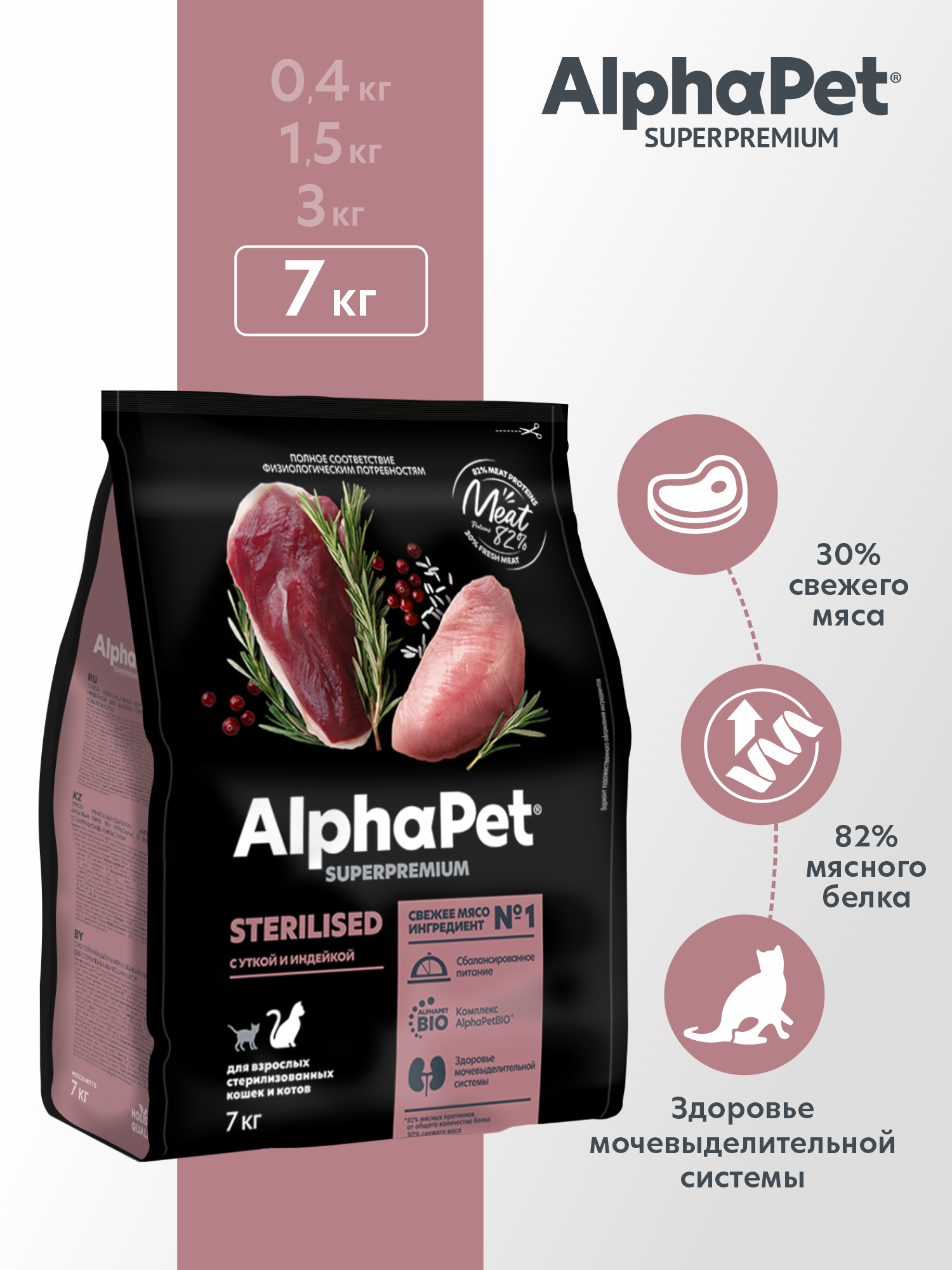 Сухой полнорационный корм холистик AlphaPet с уткой и индейкой для взрослых стерилизованных кошек и котов 7 кг - фото 1