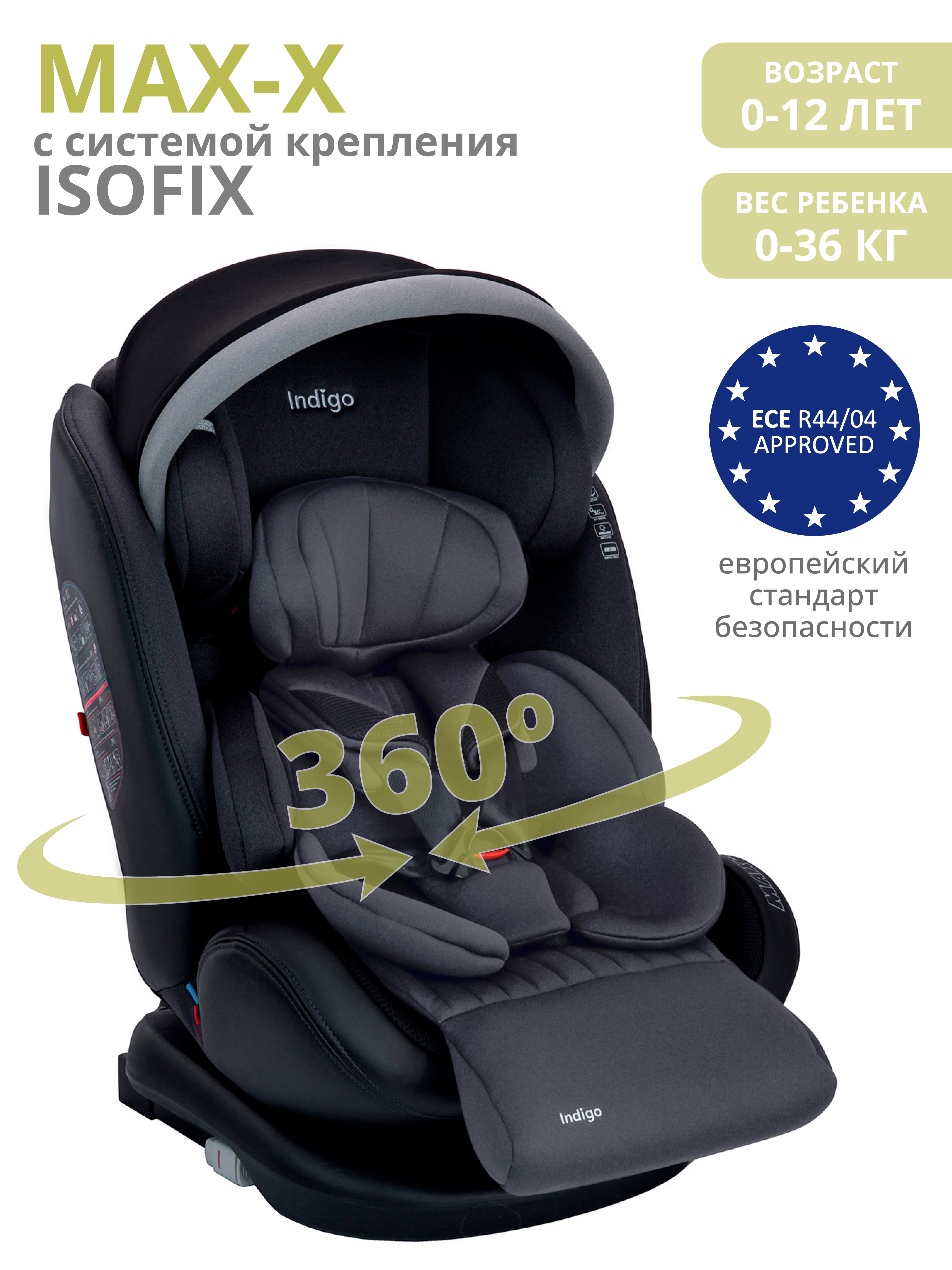 Автокресло Indigo MAX-X графит Isofix 0+/1/2/3 (0-36 кг) серый - фото 1