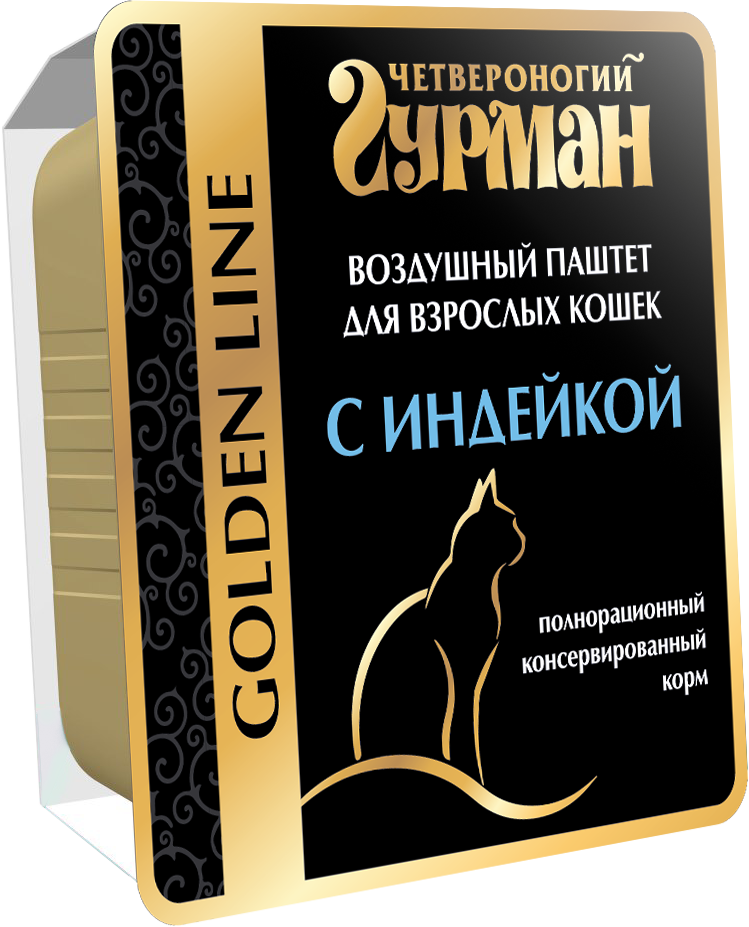 Корм полнорационный Четвероногий Гурман для взрослых кошек влажный Golden line Воздушный паштет с индейкой 100г - фото 1
