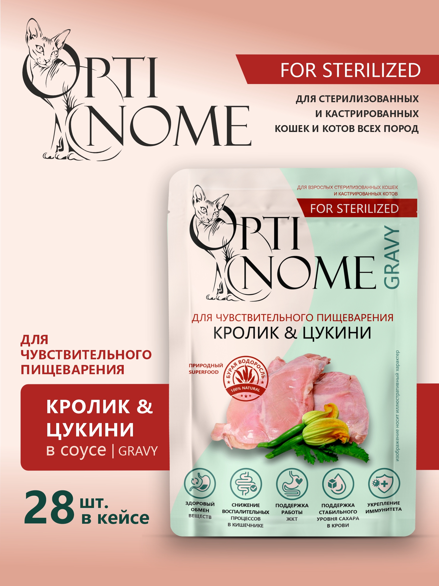 Корм влажный Optinom для стерилизованных кошек и кастрированных котов с кроликом и цукини 28шт. - фото 1