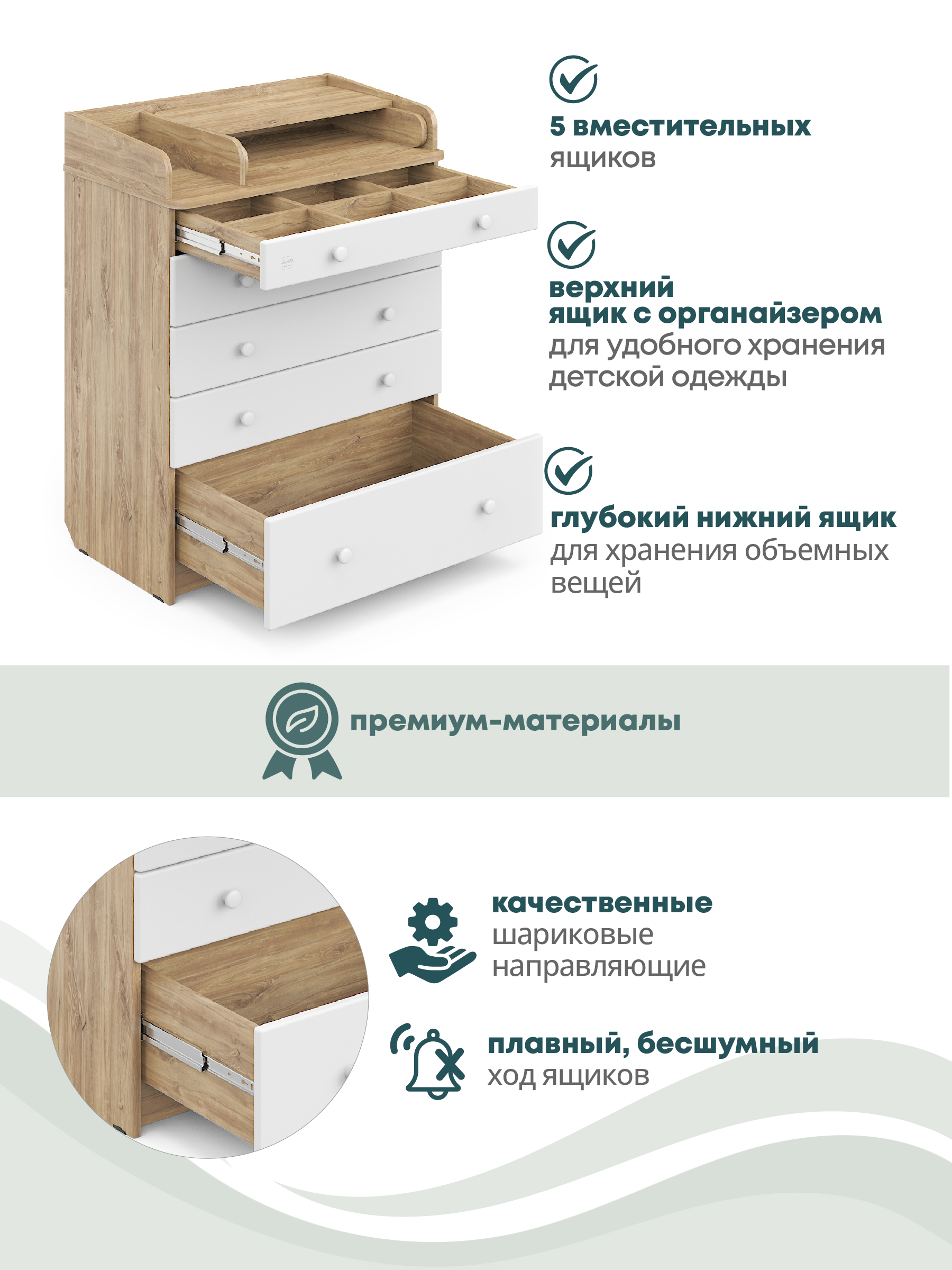 Комод пеленальный Aton MAKS 800/5 дуб канзас-белый (белый) - фото 4