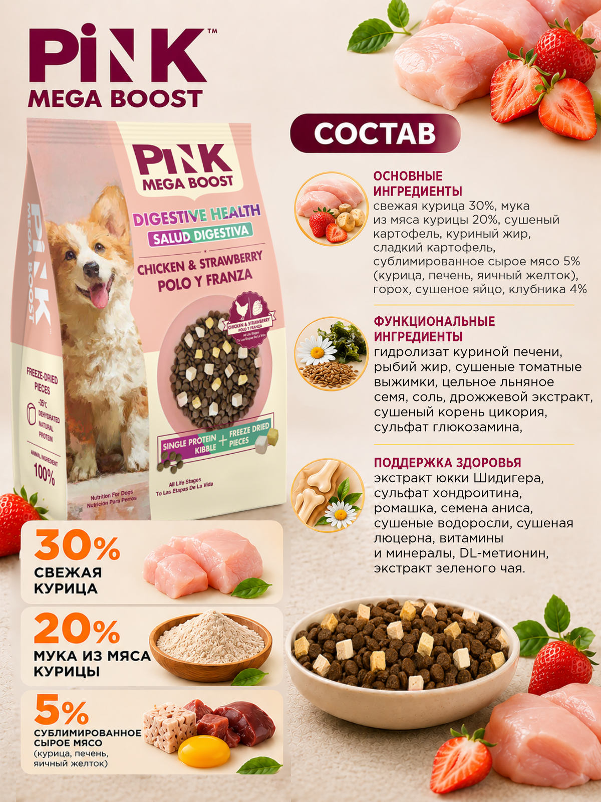 Сухой корм для собак PINK MEGA BOOST Здоровое пищеварение Курица с клубникой с сублимированным мясом 10 кг - фото 4