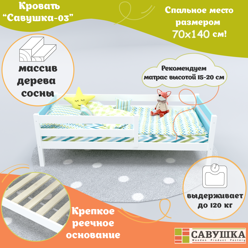 Односпальная кровать Савушка деревянная 70 140 голубая - фото 2