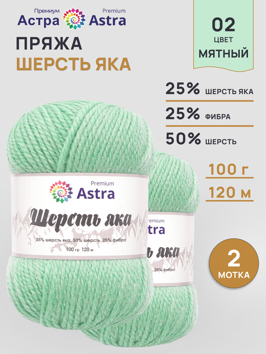 Пряжа Astra Premium Шерсть яка Yak wool теплая мягкая 100 г 120 м 02 мятный 2 мотка - фото 1
