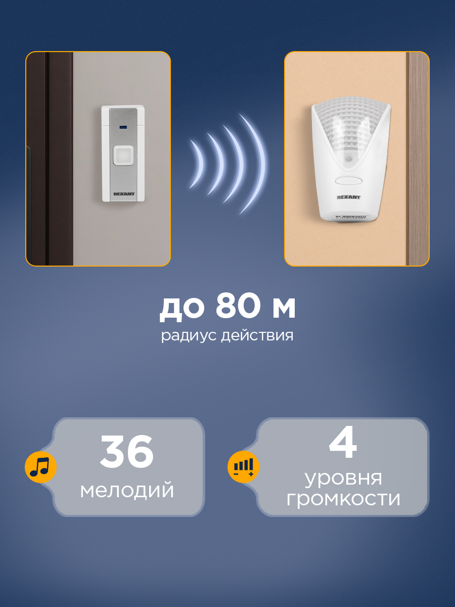Беспроводной дверной звонок REXANT RX-7 с подсветкой и индикацией 36 мелодий 80м IP44 - фото 2