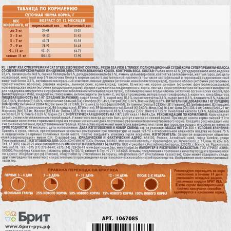 Сухой корм для стерилизованных кошек Brit Care с морской рыбой и индейкой 0.4кг