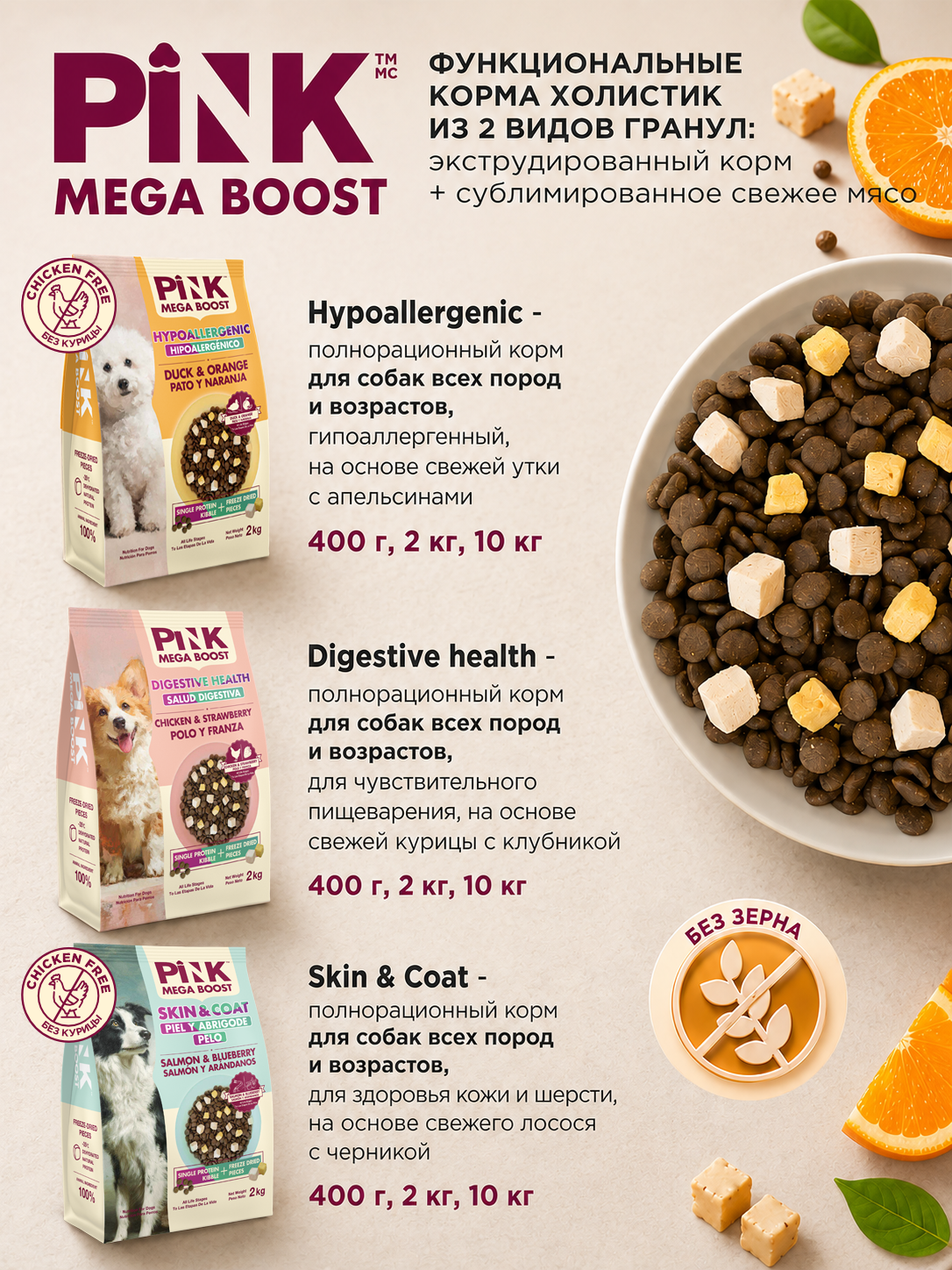 Сухой корм для собак PINK MEGA BOOST Гипоаллергенный Утка с апельсином с сублимированным мясом 400г - фото 6