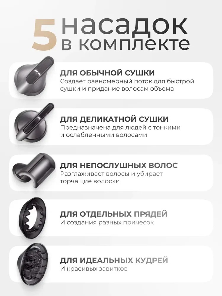 Фен с 5 магнитными насадками CASTLELADY с ионизацией 1600 BT шнур 1,8 метра синий - фото 4