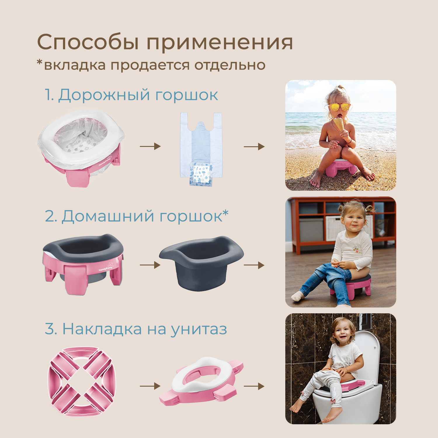 Горшок дорожный ROXY-KIDS складной и насадка на унитаз HandyPotty с тремя пакетами цвет розовый - фото 5