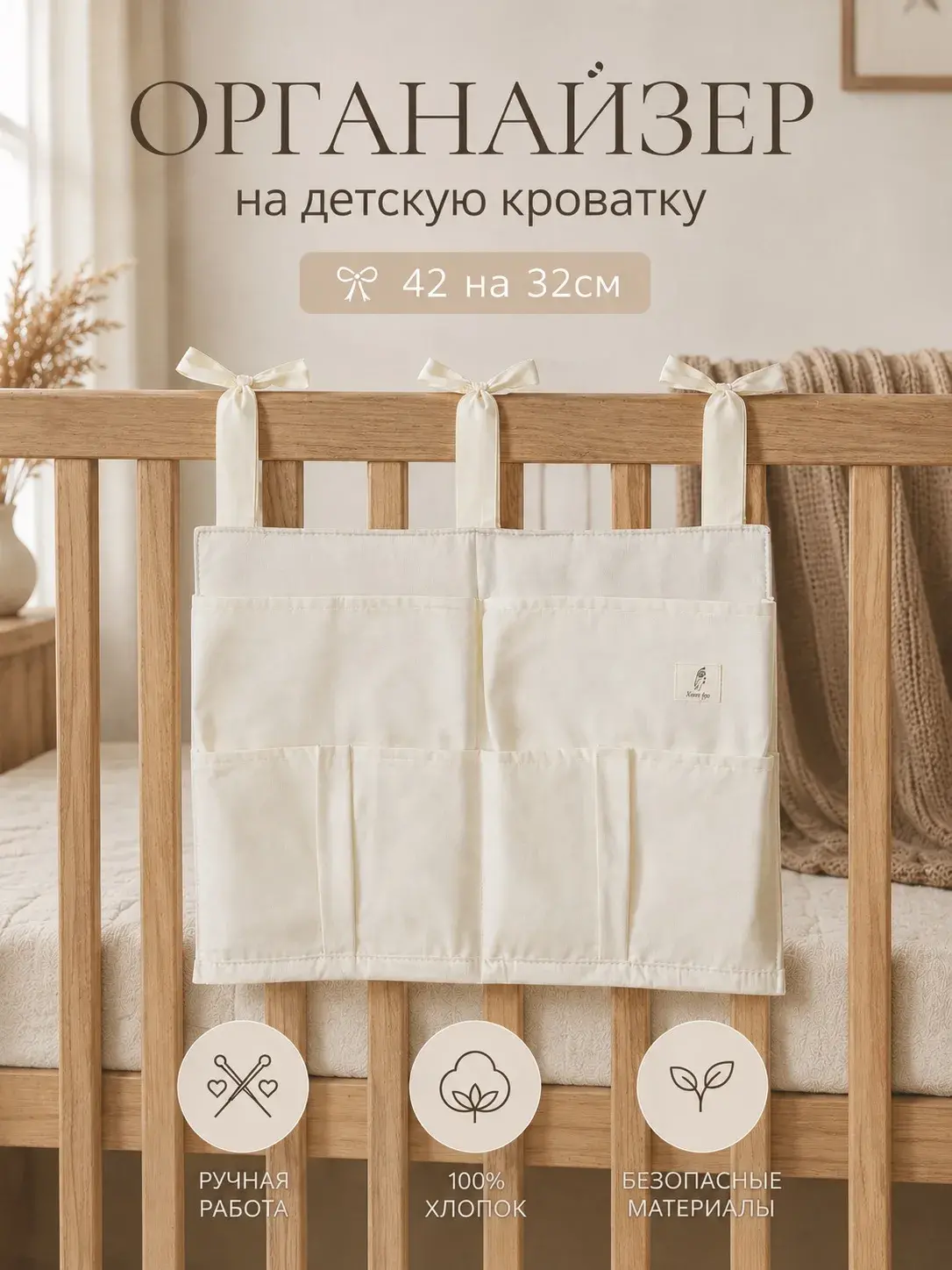Органайзер карман для детской кроватки MamiBro 32х42см хлопок молочный - фото 1