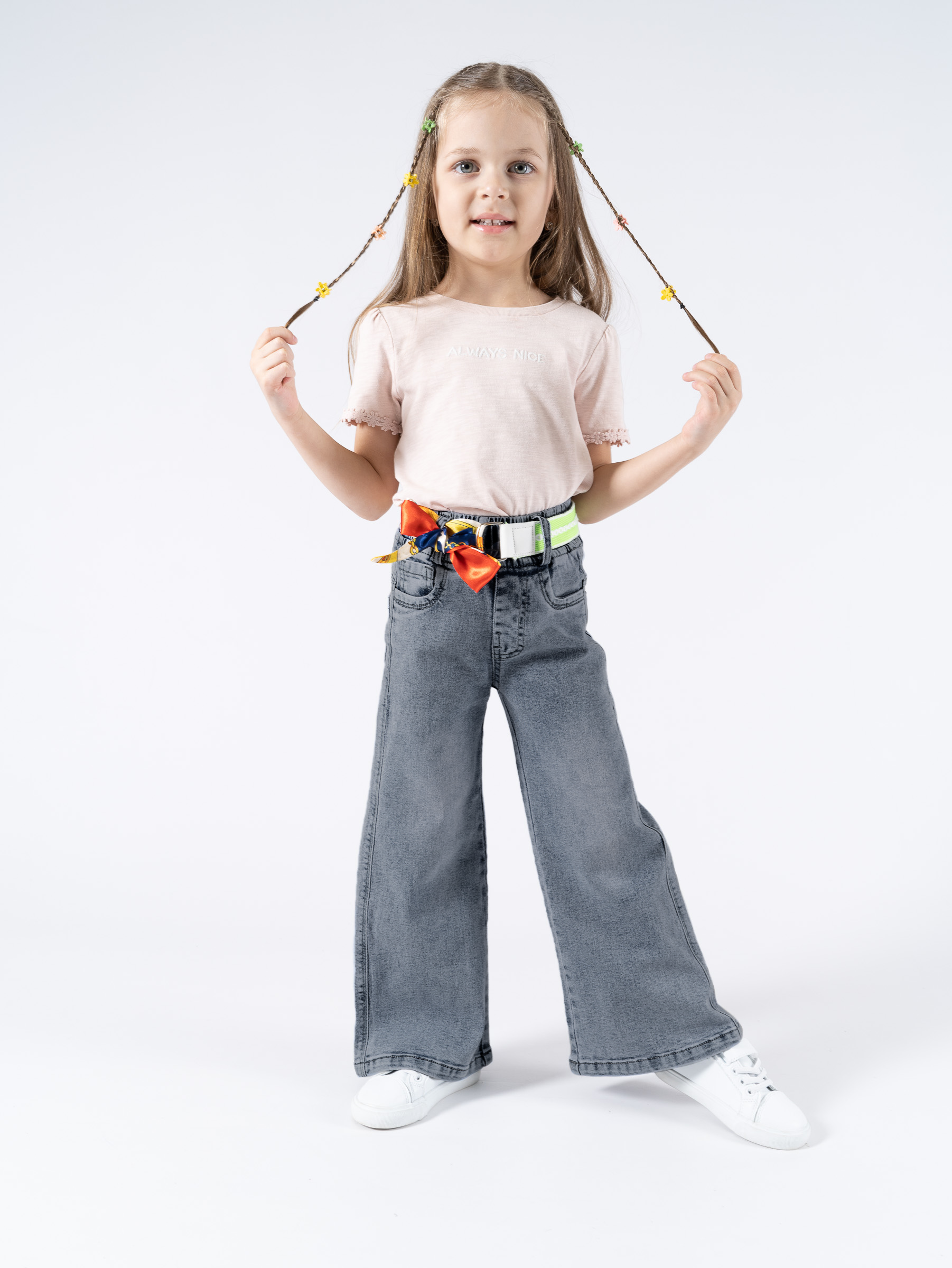 Джинсы TiGaDa джинсы/палаццо/девочки/серый/с ремешком - фото 1