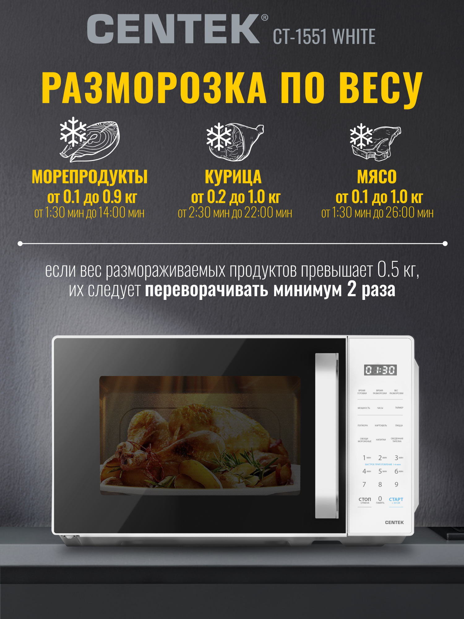 Микроволновая печь CENTEK CT-1551 Белая 700Вт 20л 11 режимов функция памяти блокировка ручки - фото 5
