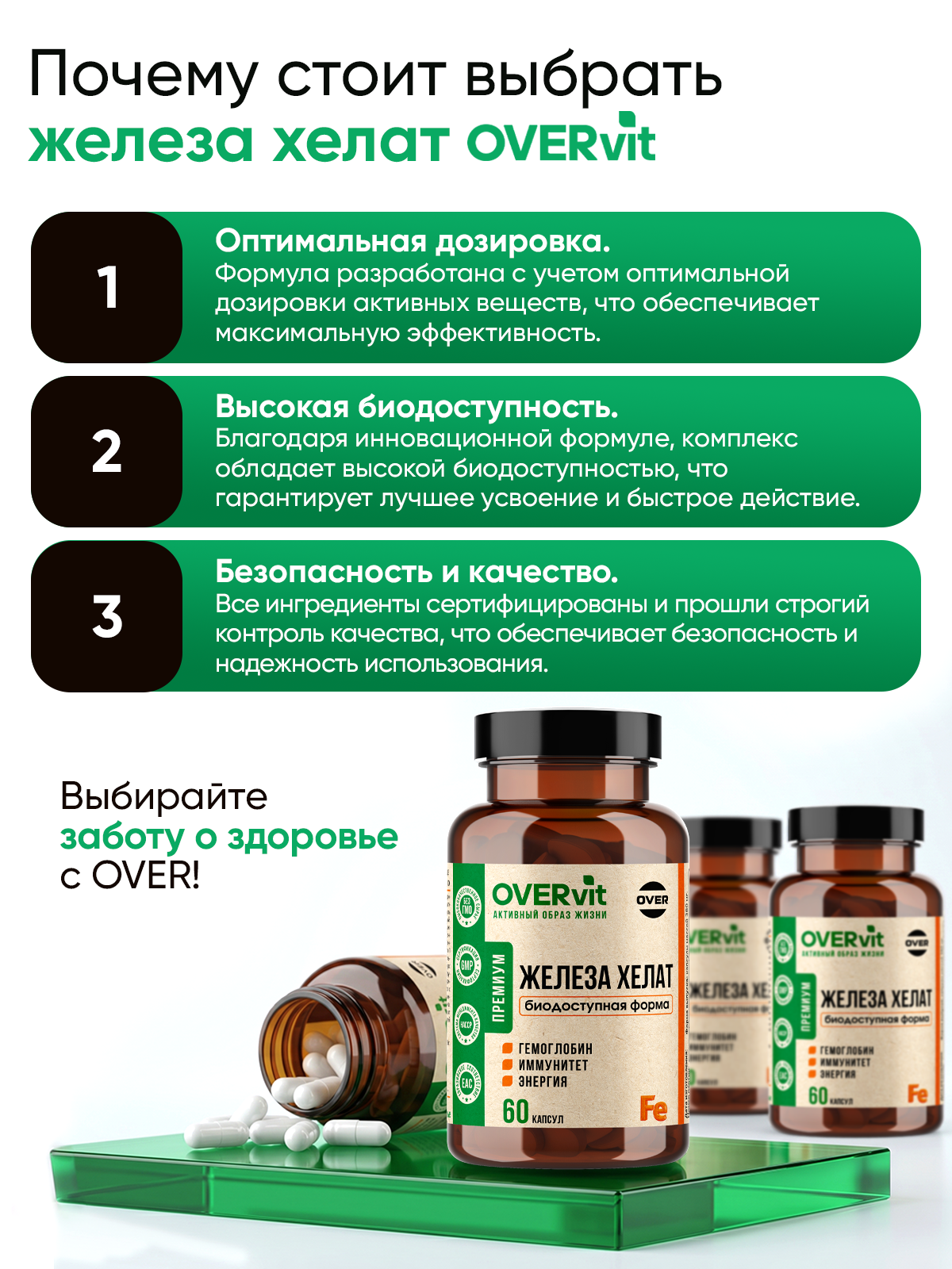 Железо хелат бисглицинат OVER БАД для повышения гемоглобина и иммунитета 60 капсул - фото 6