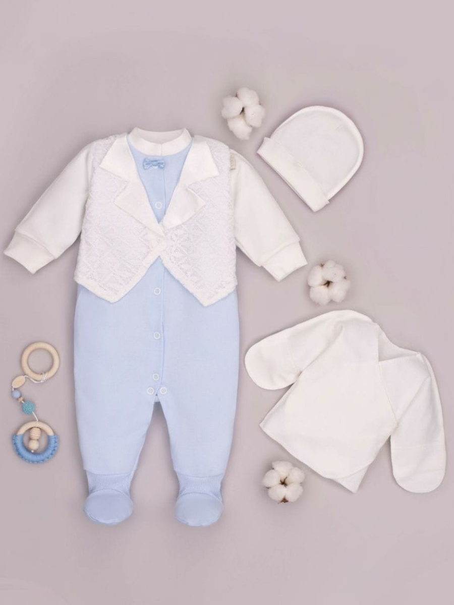 Изображение товара Комплект на выписку для мальчика ТРИЯ 56 из хлопка с жилетом и шапочкой Изображение товара Комплект на выписку для мальчика ТРИЯ 56 из хлопка с жилетом и шапочкой