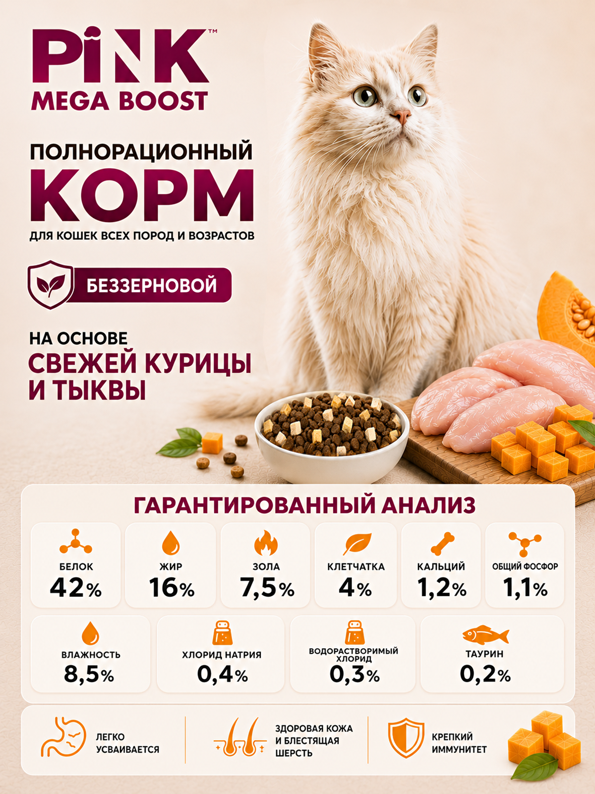 Сухой корм для кошек PINK MEGA BOOST Для вывода шерсти Курица с тыквой с сублимированным мясом 1.8кг - фото 5
