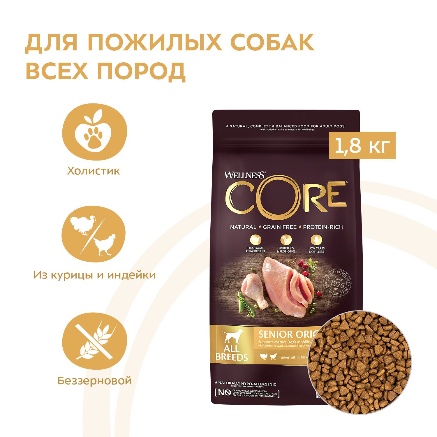 Корм для собак Wellness CORE пожилых всех пород индейка курица 1.8кг - фото 2