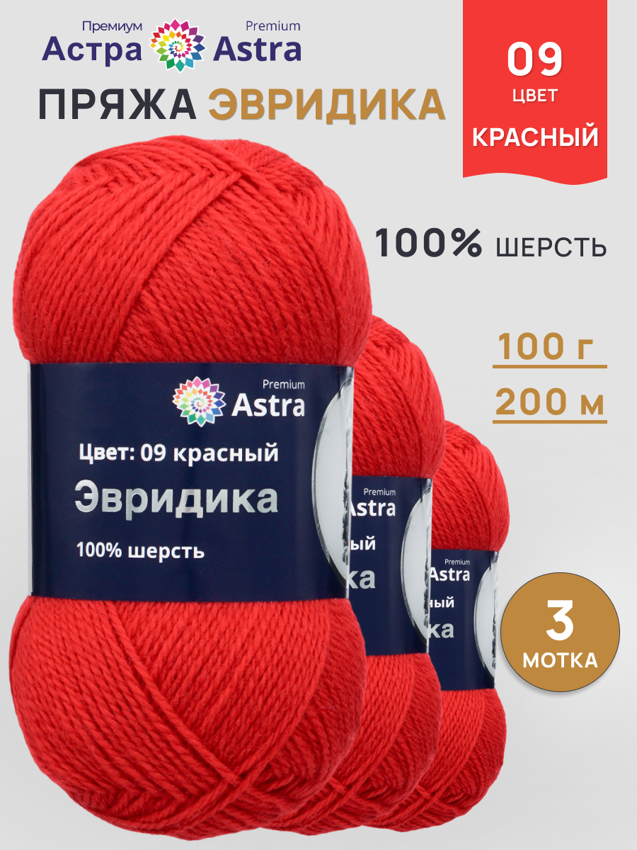 Пряжа Astra Premium Эвридика шерстяная 100 г 200 м 09 красный 3 мотка - фото 1