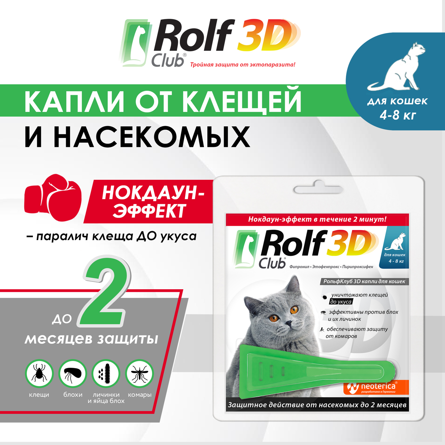 Капли для кошек RolfClub3D 4-8кг от блох и клещей 0.8мл - фото 2