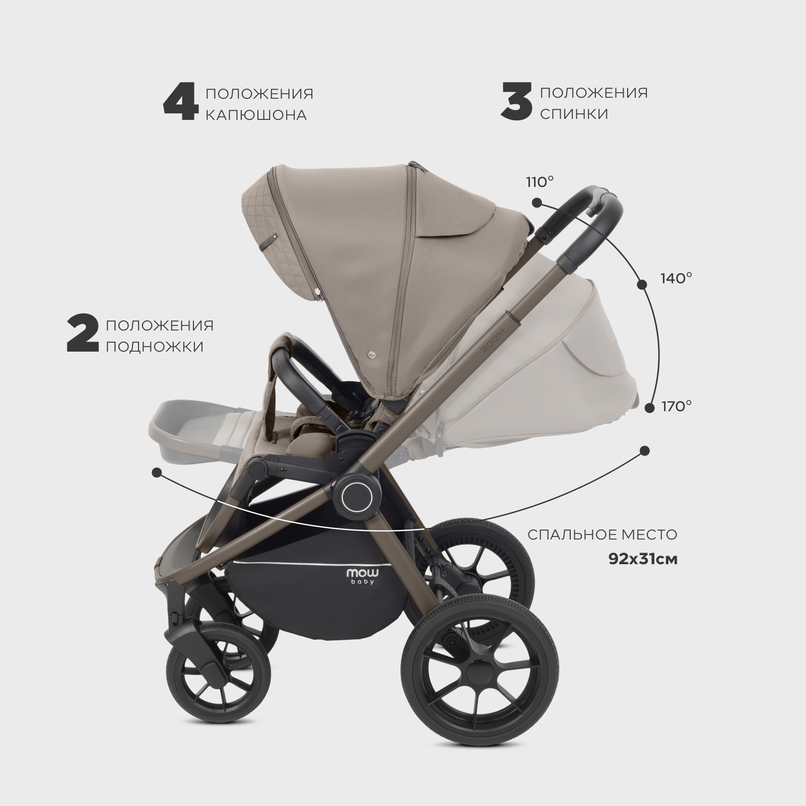 Коляска 3в1 MOWbaby Zoom new 3в1, milky бежевый - фото 11