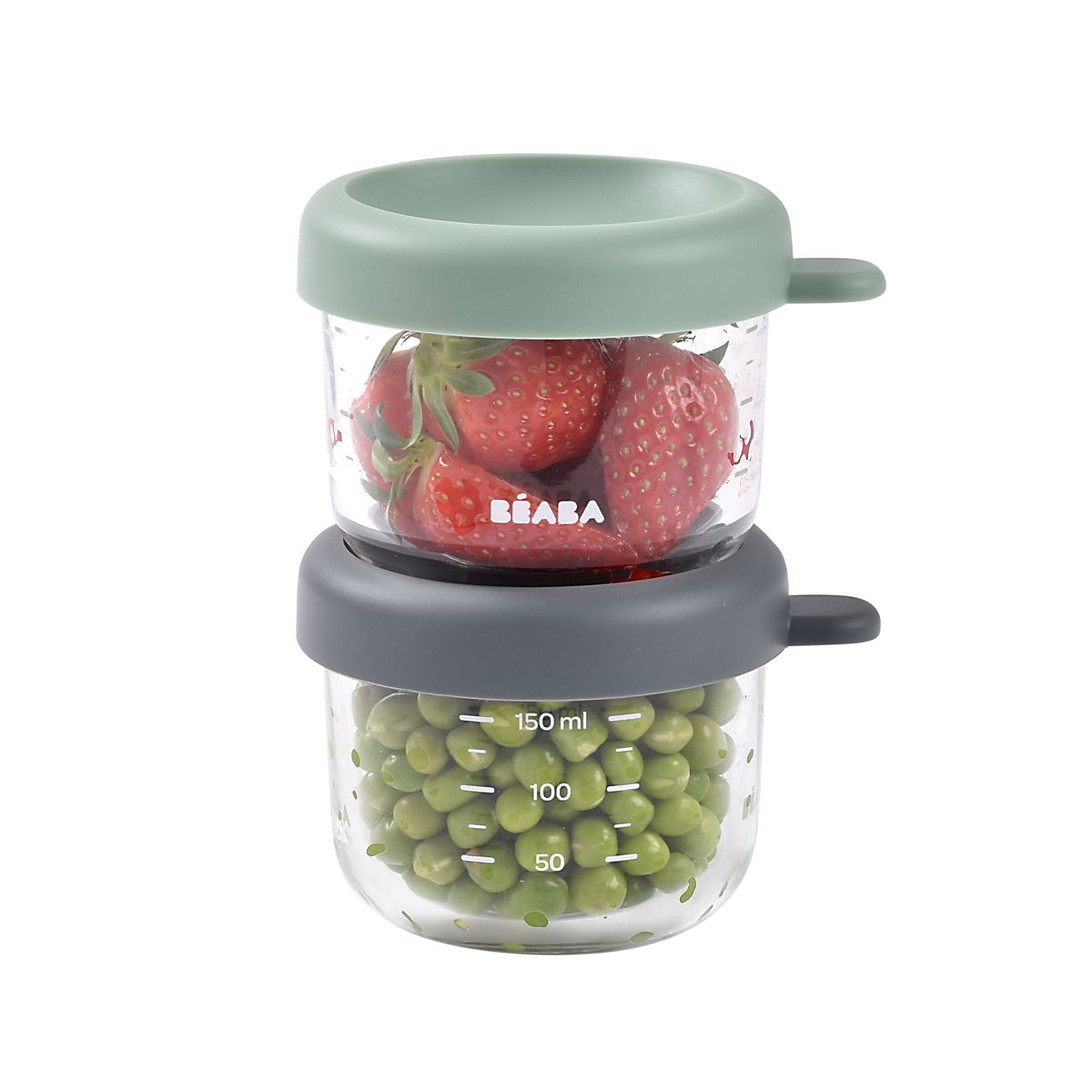 Набор контейнеров 2 шт. BEABA для детского питания и молока стекло 150 мл серый/зеленый - фото 5