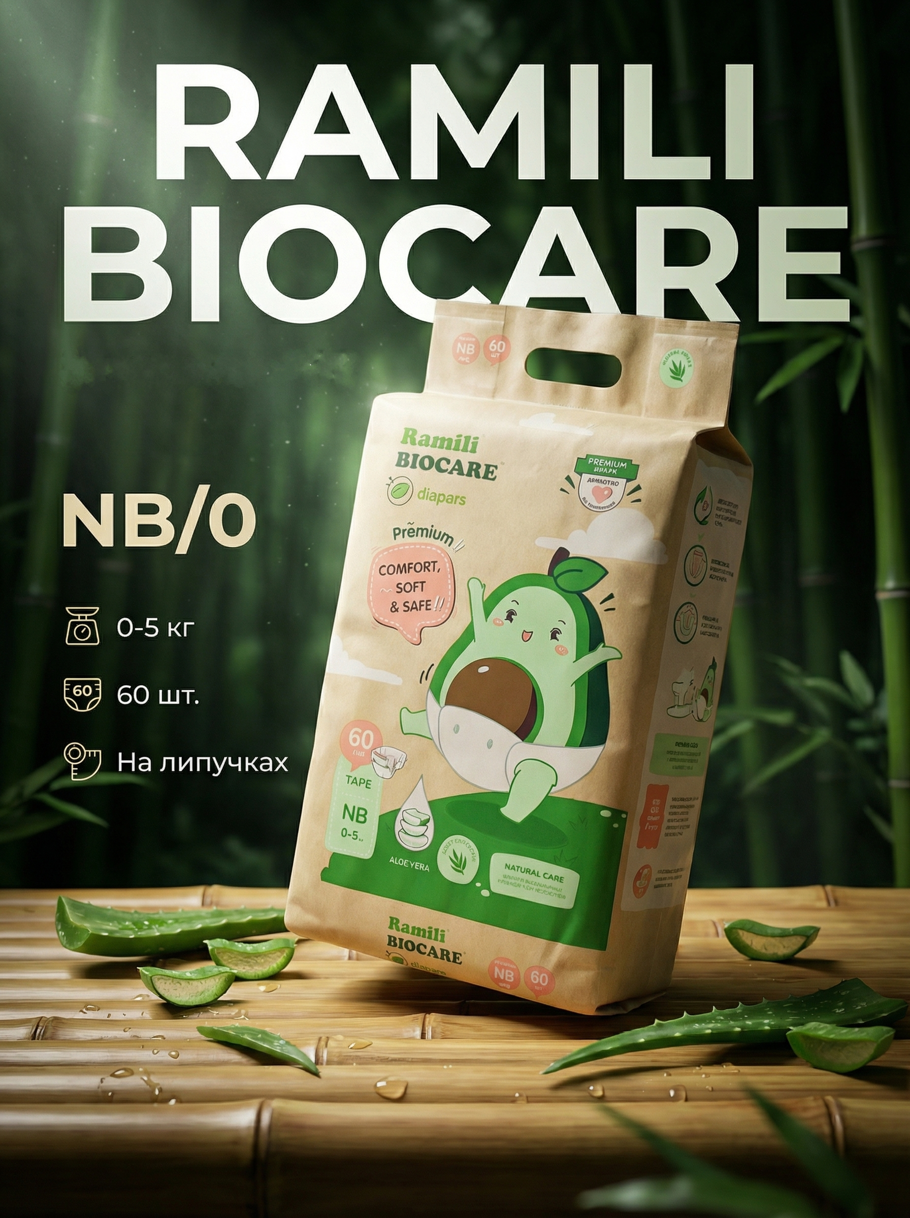 Подгузники Ramili Premium для новорожденных 0 (Premium Biocare 0-5) 60 шт. - фото 1