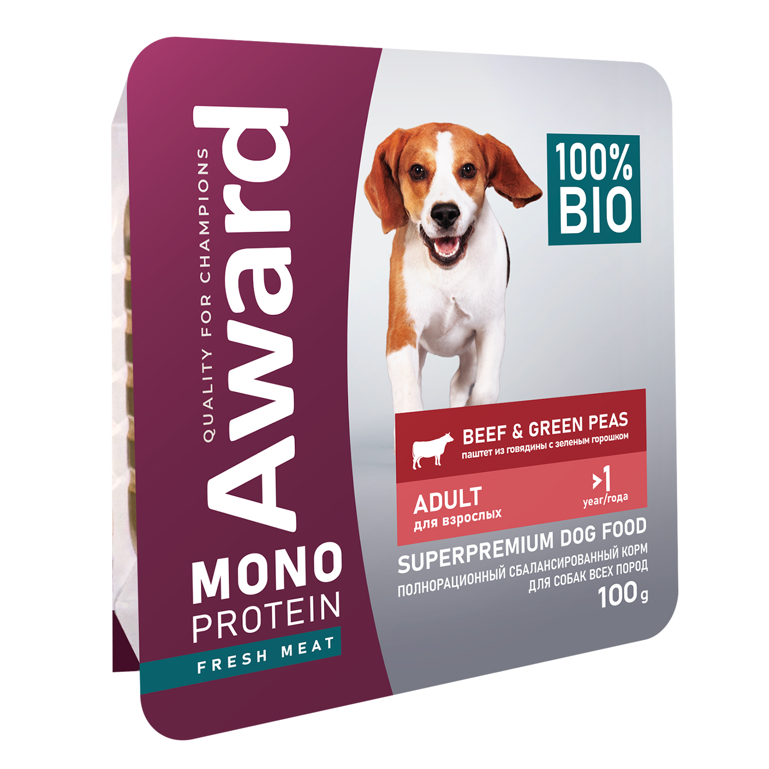 Корм влажный для взрослых собак AWARD Monoprotein паштет из говядины с зеленым горошком 100г - фото 5