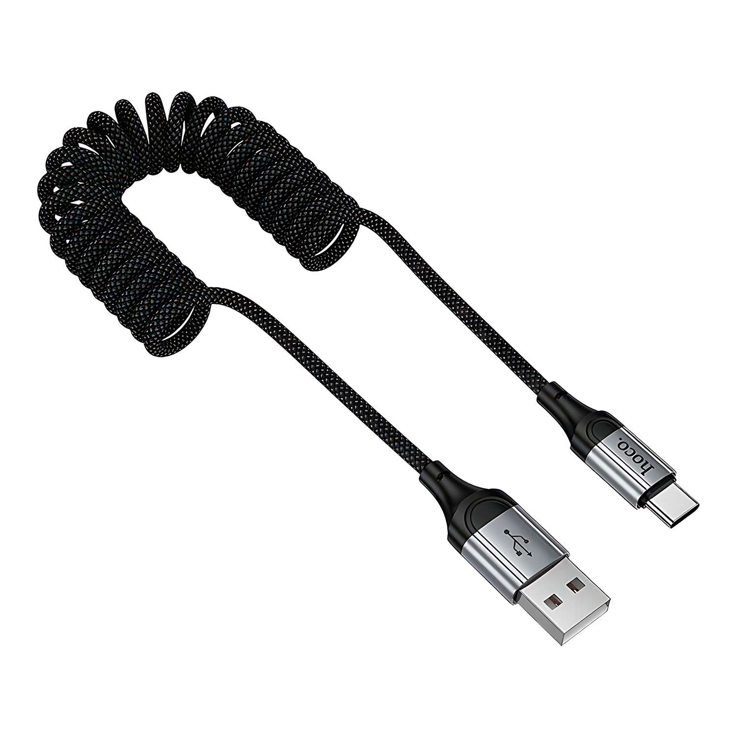 USB кабель-пружина hoco Type-C 3A 1.5м нейлон черный - фото 1