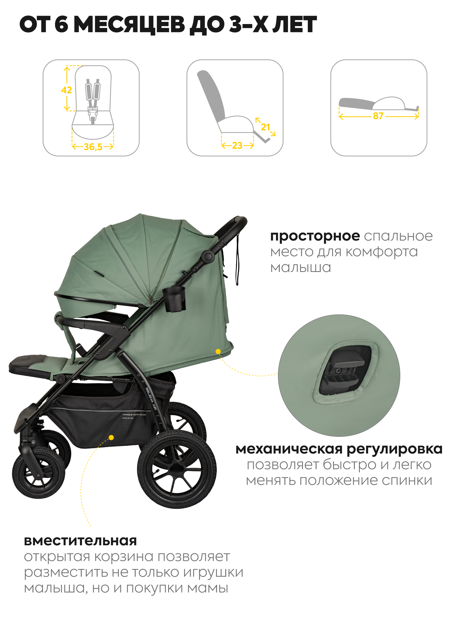Коляска прогулочная JOVOLA SELENA Air 25 с сумкой зеленый - фото 10