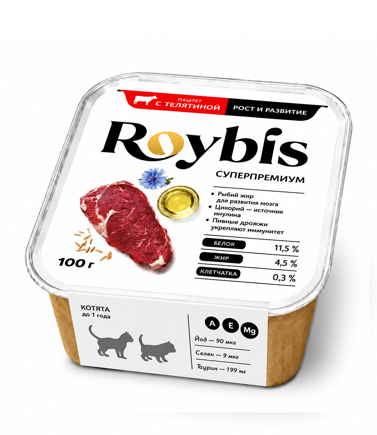 Корм полнорационный для котят Roybis для здорового роста и иммунитета паштет с телятиной консервированный 100г - фото 1